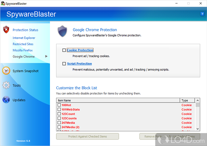 Block adware and spyware in browsers - Screenshot of SpywareBlaster