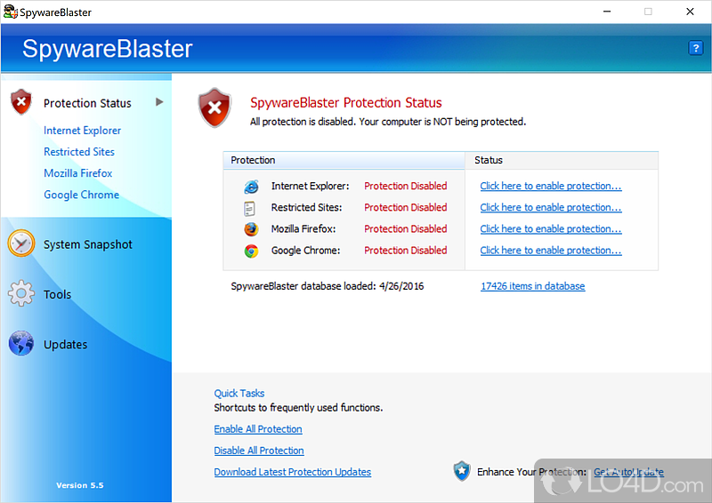 -looking app which can clock spyware and cookies, bundles backup and restore capabilities, and supports an array of web browsers - Screenshot of SpywareBlaster