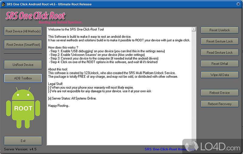 Provides a one-click method to root Android devices in order to enable full capacity for smartphones - Screenshot of SRS-Root