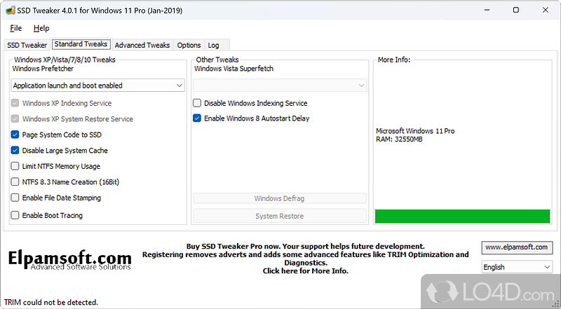 Change settings for SSD hard drive - Screenshot of SSD Tweaker