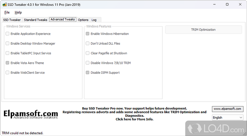 Performs some () common tasks purportedly to boost SSD drive - Screenshot of SSD Tweaker