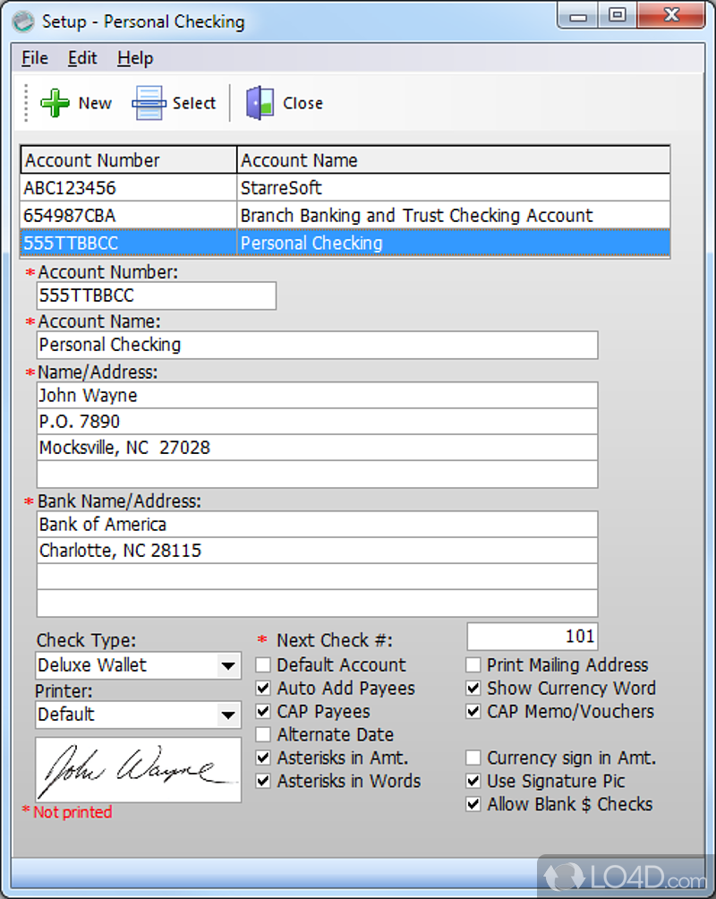 Star Check Writer: User interface - Screenshot of Star Check Writer