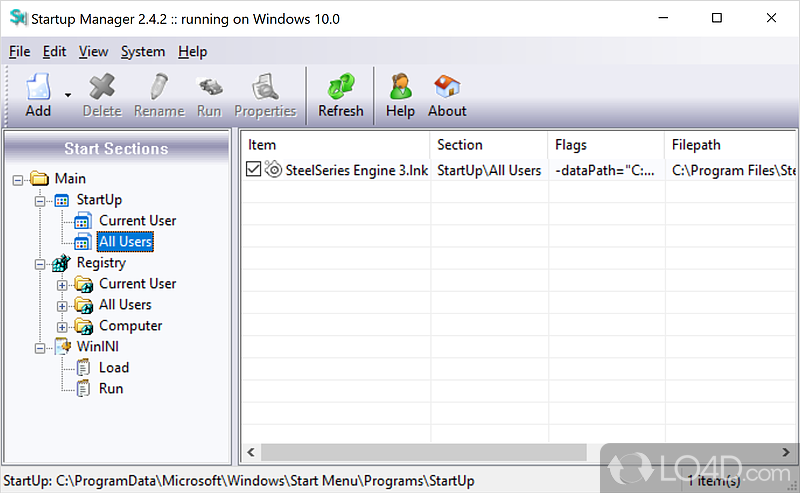 StartUp Manager Free: User interface - Screenshot of StartUp Manager Free
