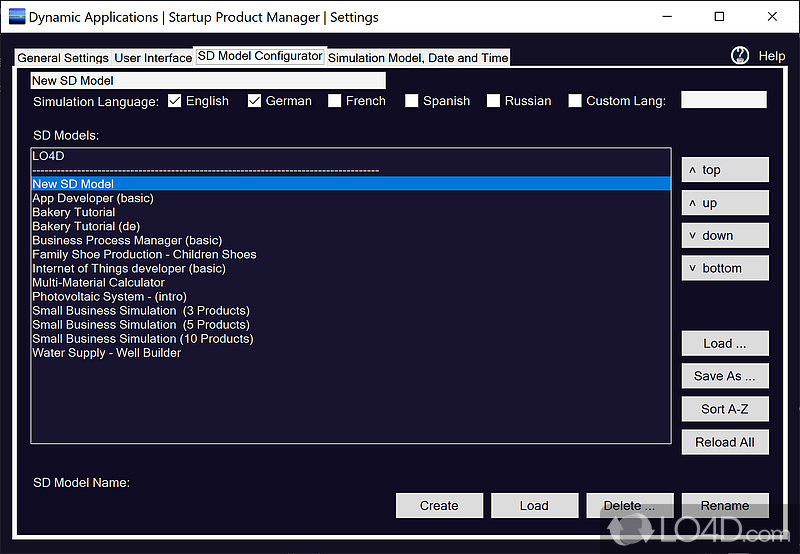 Offers several useful simulation models - Screenshot of Startup Product Manager