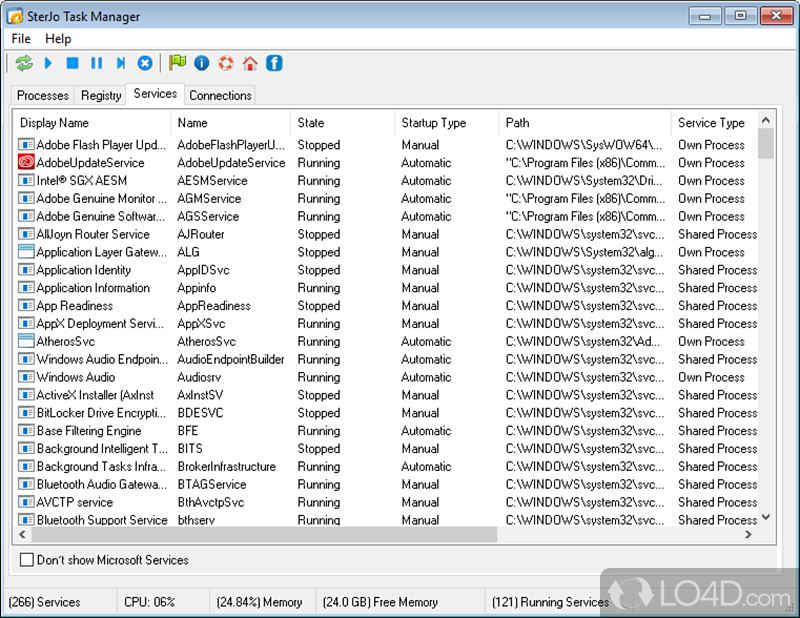 Manage processes, registries, services and connections - Screenshot of SterJo Task Manager