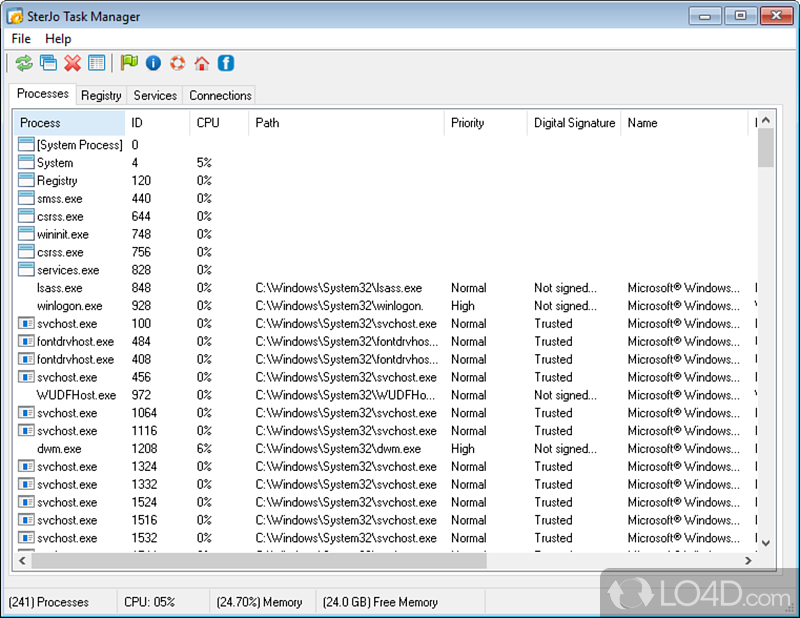 View thorough details about processes, registries, services - Screenshot of SterJo Task Manager