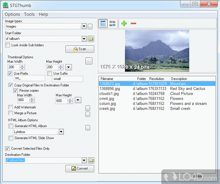 Batch resize image files, create thumbnails for pictures - Screenshot of STGThumb
