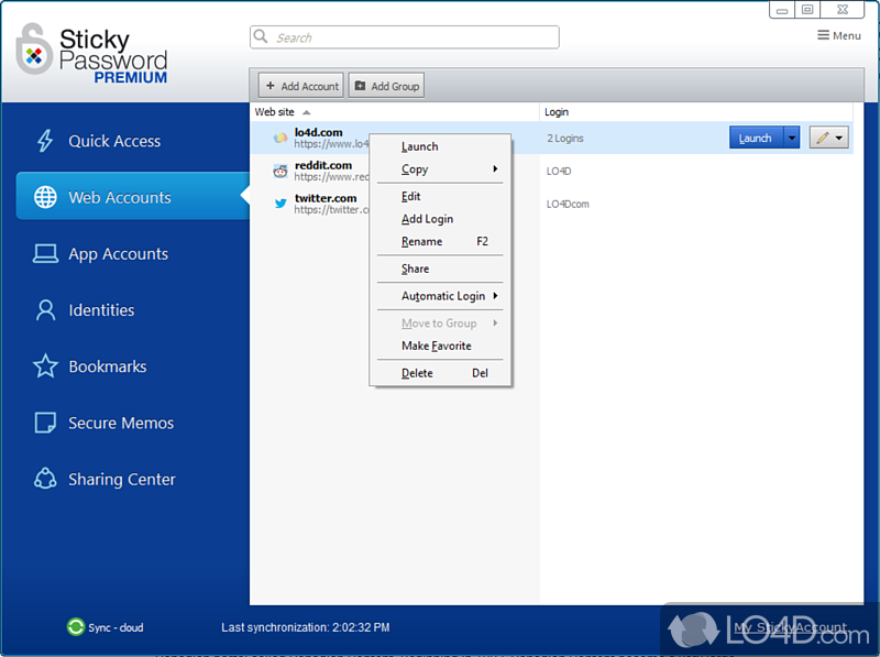 Configure an online account and master password - Screenshot of Sticky Password