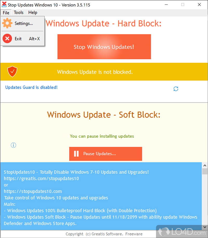 A free utility to manage Windows OS updates - Screenshot of StopUpdates10