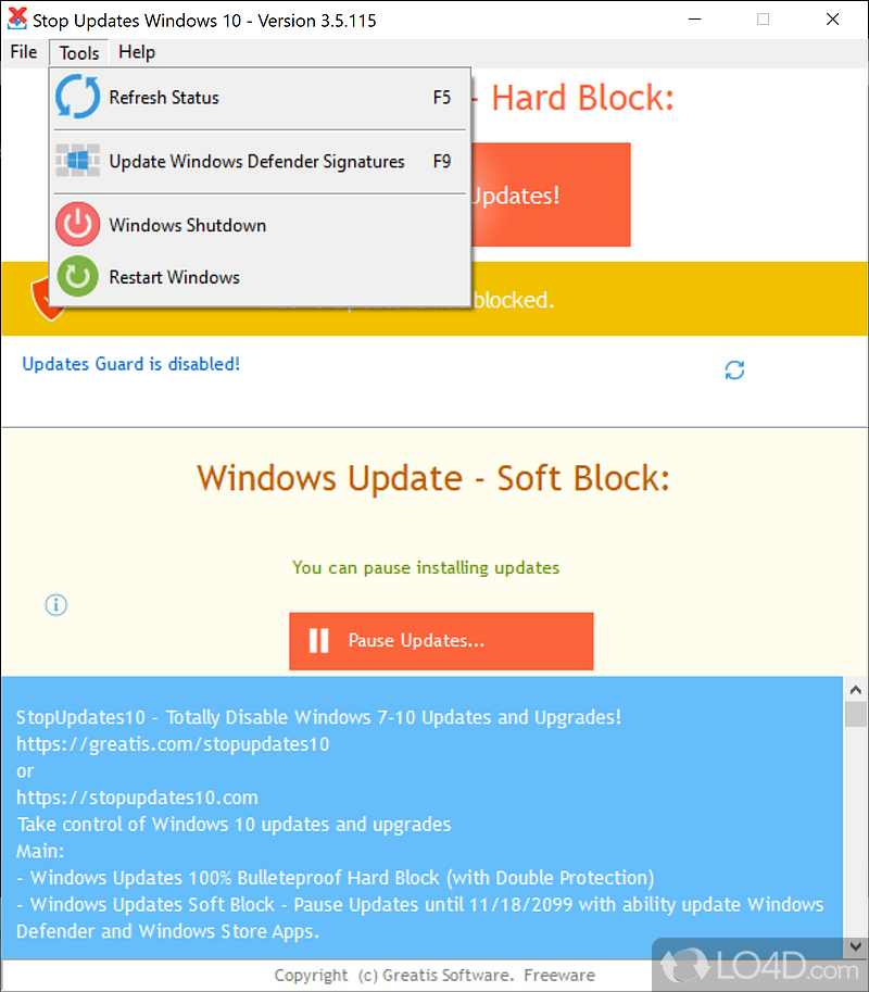 Manage their operating system updates - Screenshot of StopUpdates10