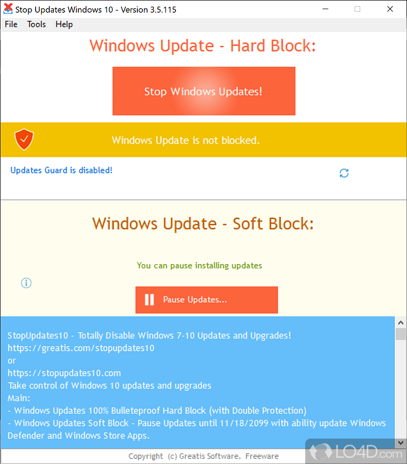 Prevent Windows 10 from forcefully updating itself, without permission, thanks to this app - Screenshot of StopUpdates10