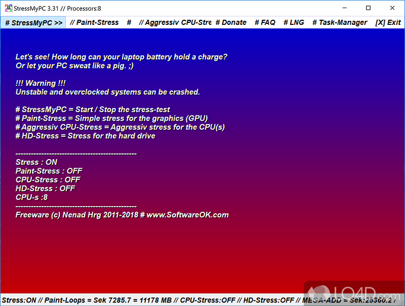 Stress for the graphics (GPU) or CPU(s) and determine how computer stands on the overall performance - Screenshot of StressMyPC