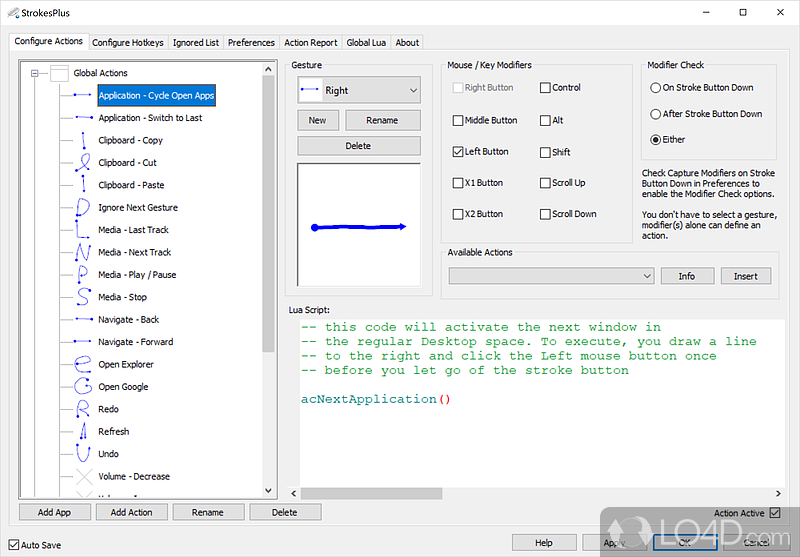 Associate user-defined mouse gestures to various operations (e - Screenshot of StrokesPlus