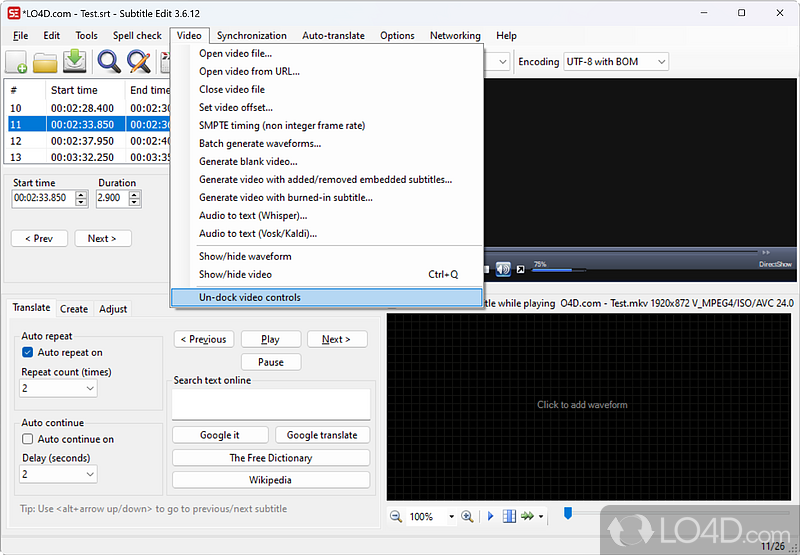 Subtitle Edit: VLC media player - Screenshot of Subtitle Edit