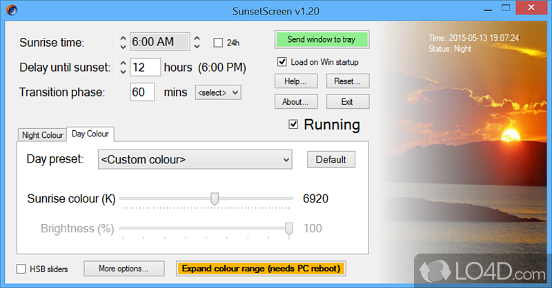 Automatically reduces the brightness of screen and modifies its color to an orange hue to match indoor lighting - Screenshot of SunsetScreen