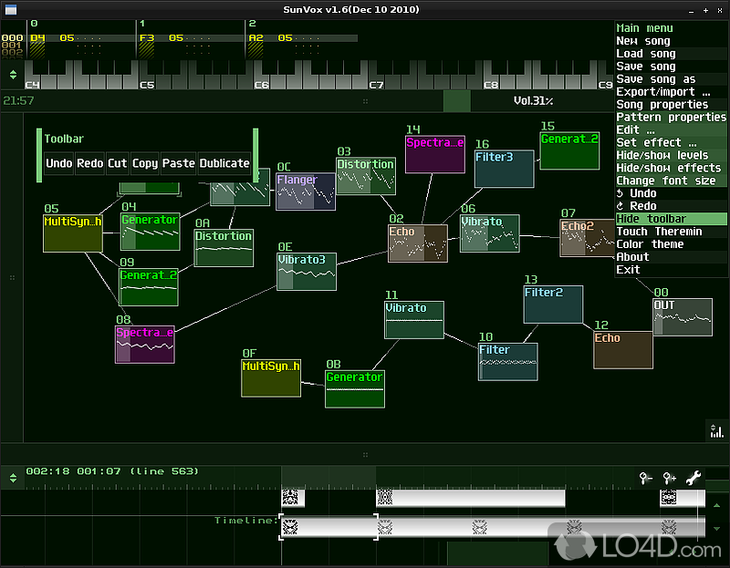 Music synthesizer with filters and drum sounds - Screenshot of SunVox