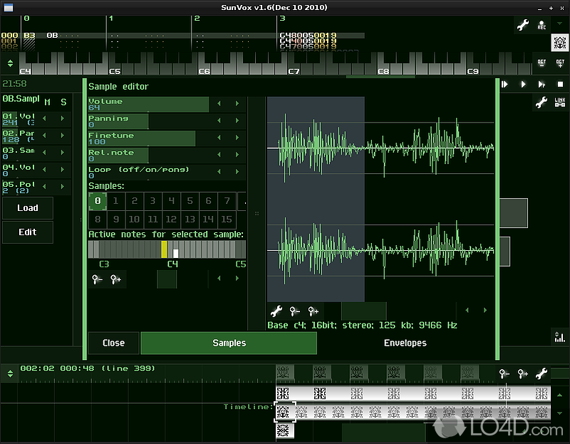 Creates music and add synthesizer tracks - Screenshot of SunVox