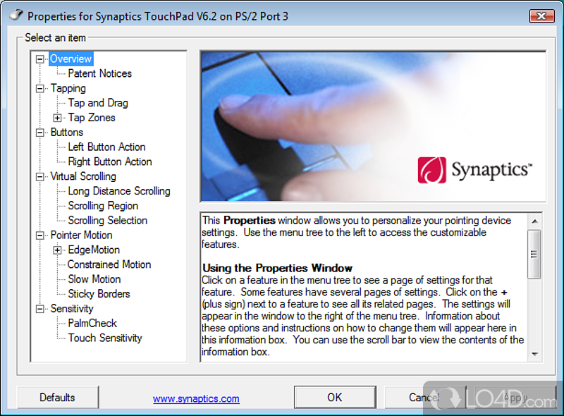 Enable hardware components for Touchpad laptops - Screenshot of Synaptics Pointing Device Driver