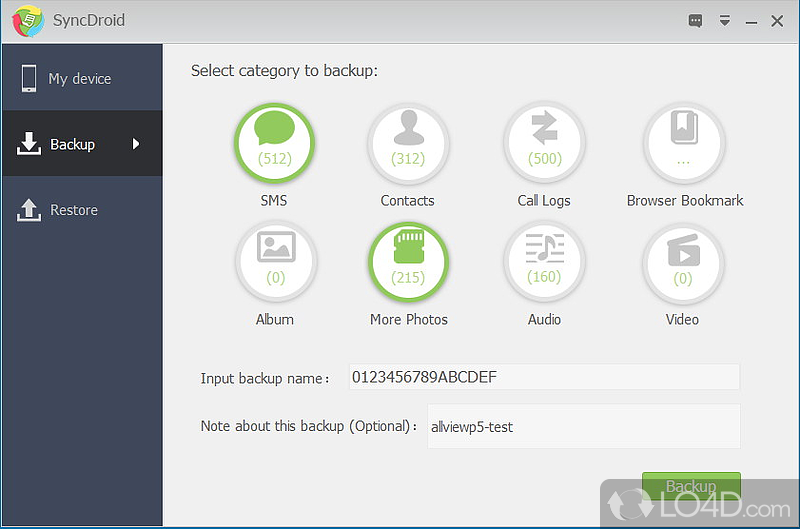 Back up Android contacts, bookmarks, photos and other information using this practical tool with a interface - Screenshot of SyncDroid