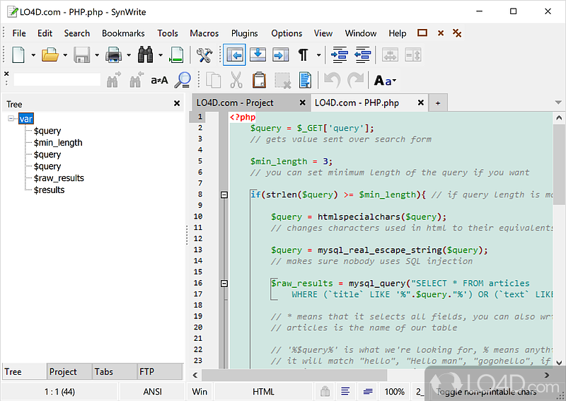 HTML editor for programmers, with numerous options - Screenshot of SynWrite