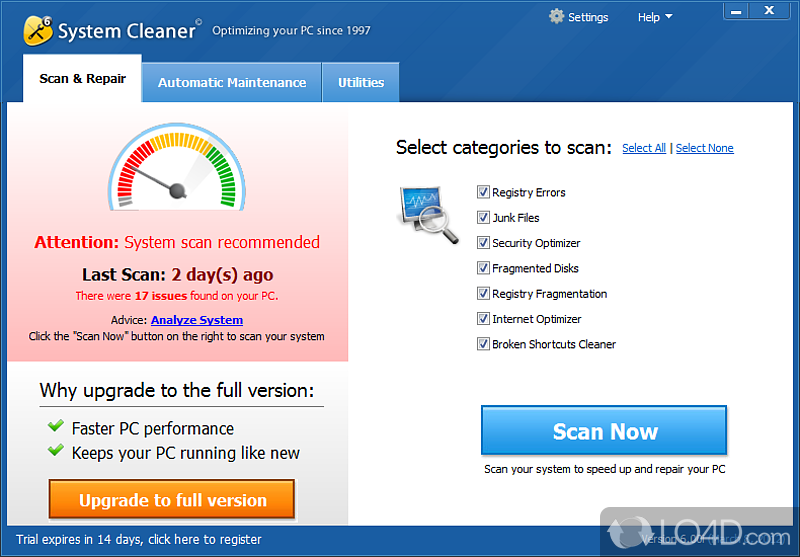 Fix PC's problems, restore performance and prevent registry corruption - Screenshot of System Cleaner
