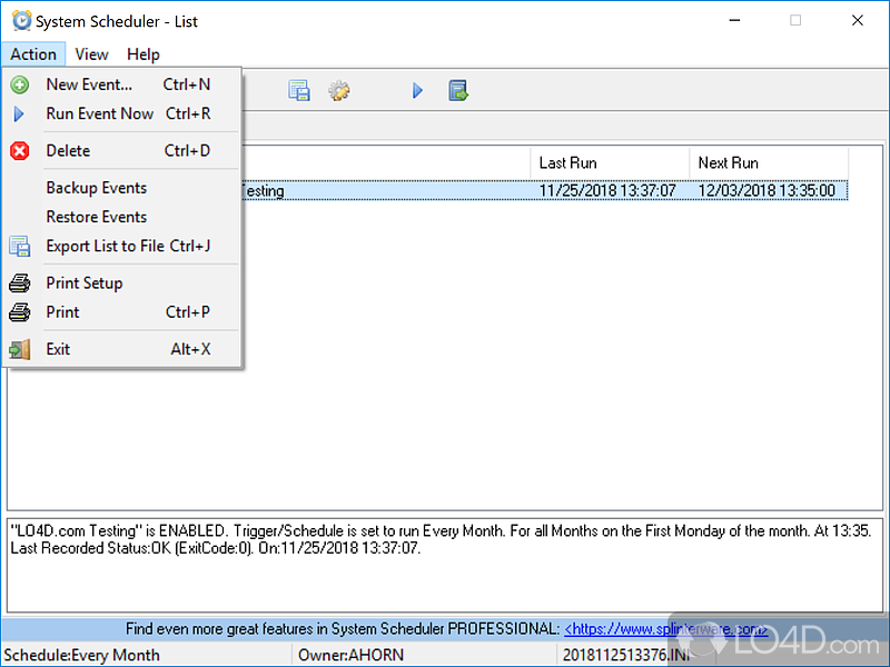 System and system scheduling app independent of Windows - Screenshot of System Scheduler Free