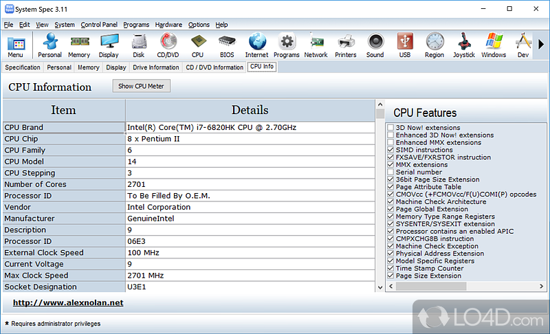 Standalone freeware system information utility to produce a spec of PC - Screenshot of System Spec