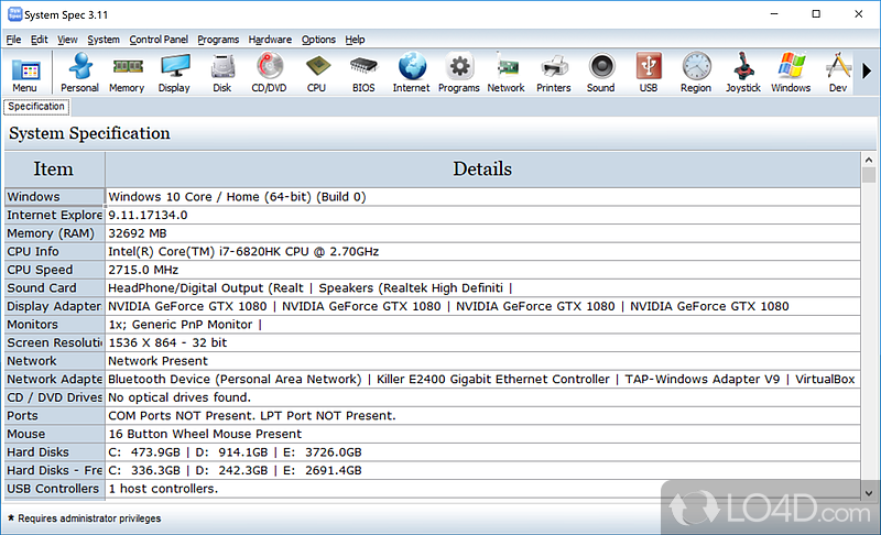 View various hardware and software information and be in full control of system - Screenshot of System Spec