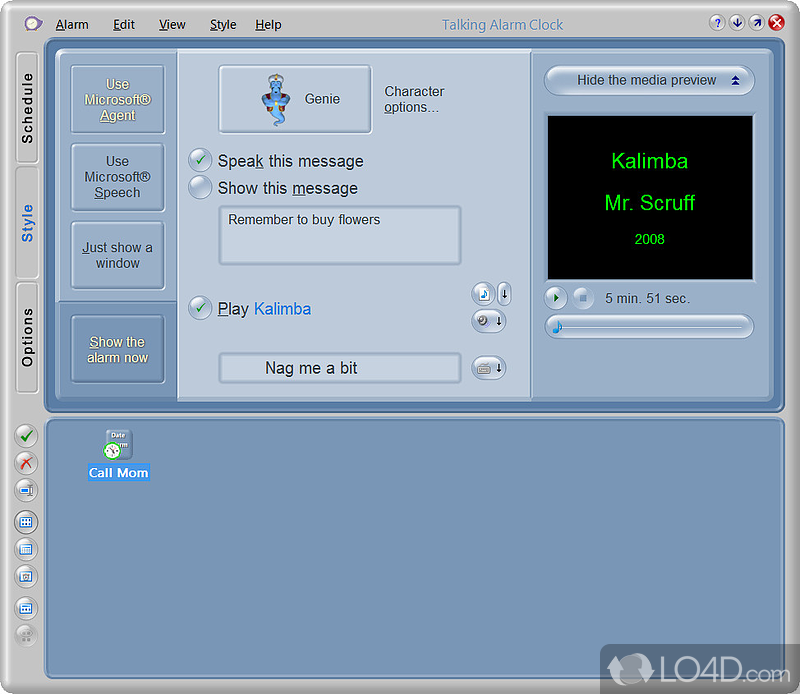 Alarm clock powered by Microsoft Agent can also play audio files - Screenshot of Talking Alarm Clock