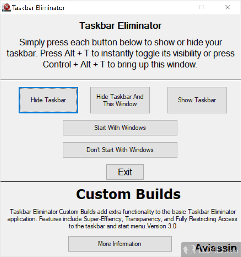 Hides the Windows taskbar until you restore its status from the main app panel - Screenshot of Taskbar Eliminator
