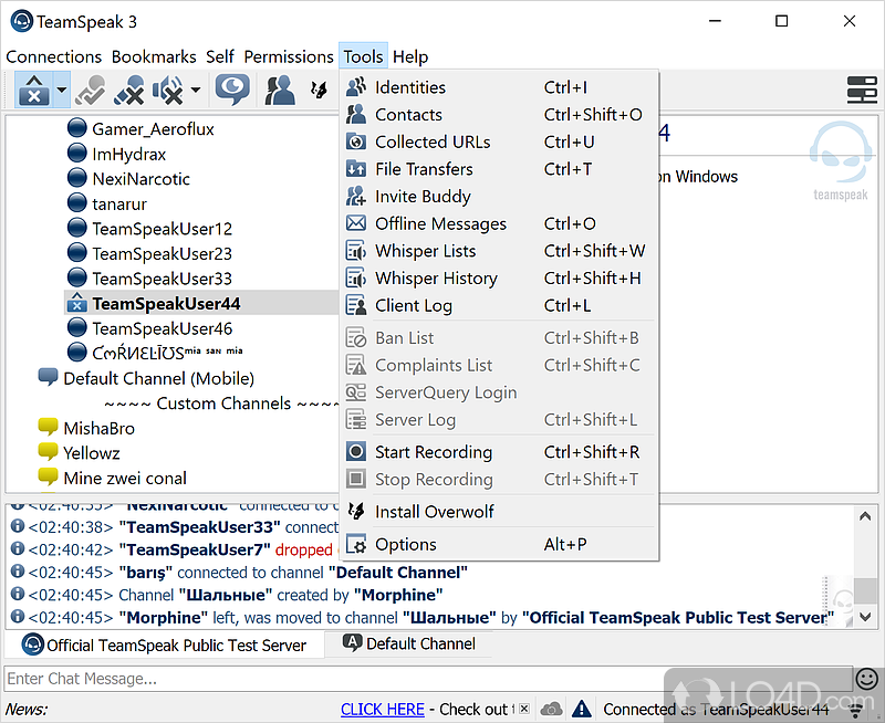 Freeware voice communications VoIP program for Windows - Screenshot of TeamSpeak Client