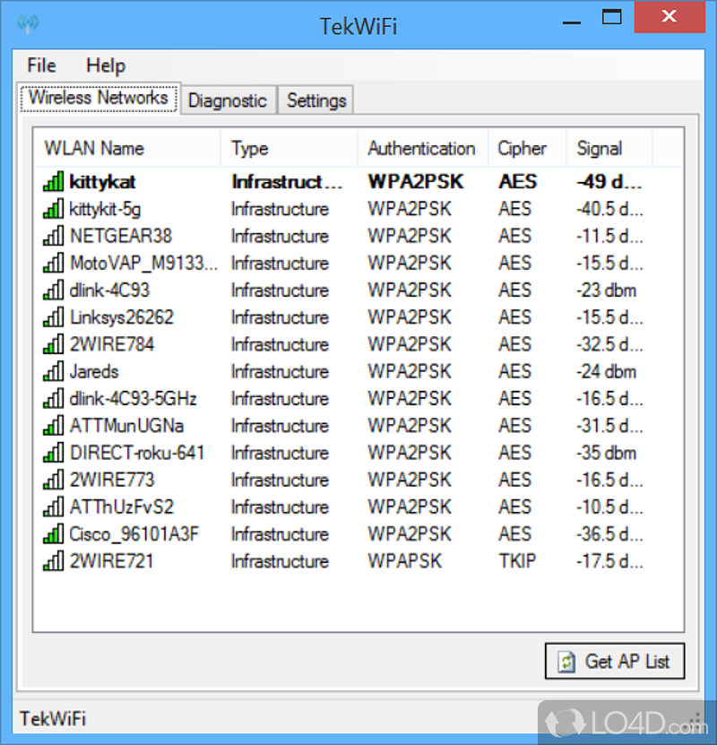 Can connect to a wireless network and run a diagnosis of it and obtain various details - Screenshot of TekWiFi