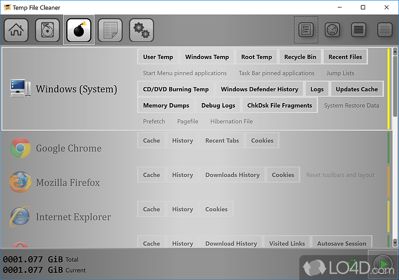 Choose cleaning operations to be performed - Screenshot of Temp File Cleaner