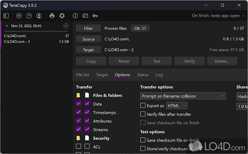 Copy and paste large files fast - Screenshot of TeraCopy