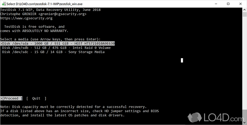 Is able to check and undelete partitions - Screenshot of TestDisk 64-bit