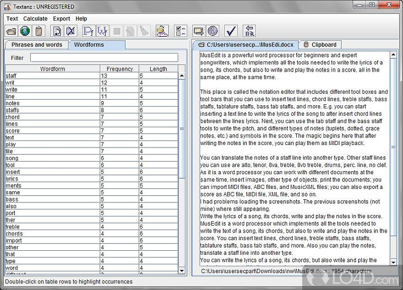 Calculates frequencies of all phrases and words in any document or web-page - Screenshot of Textanz