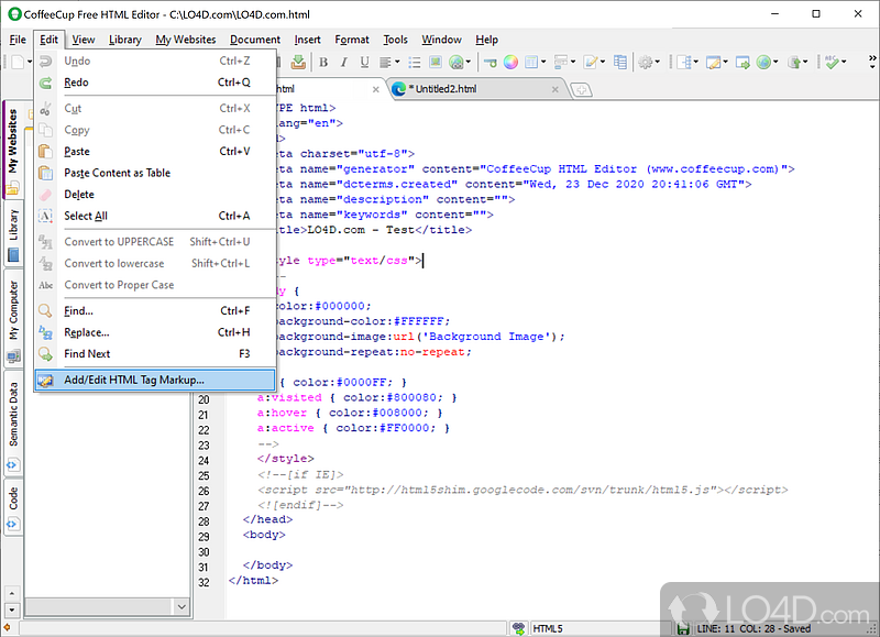 The Free HTML Editor: User interface - Screenshot of The Free HTML Editor