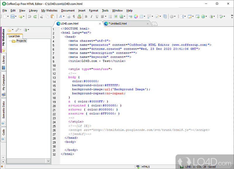 Piece of software to create Web pages in a manner using a set of tools - Screenshot of The Free HTML Editor