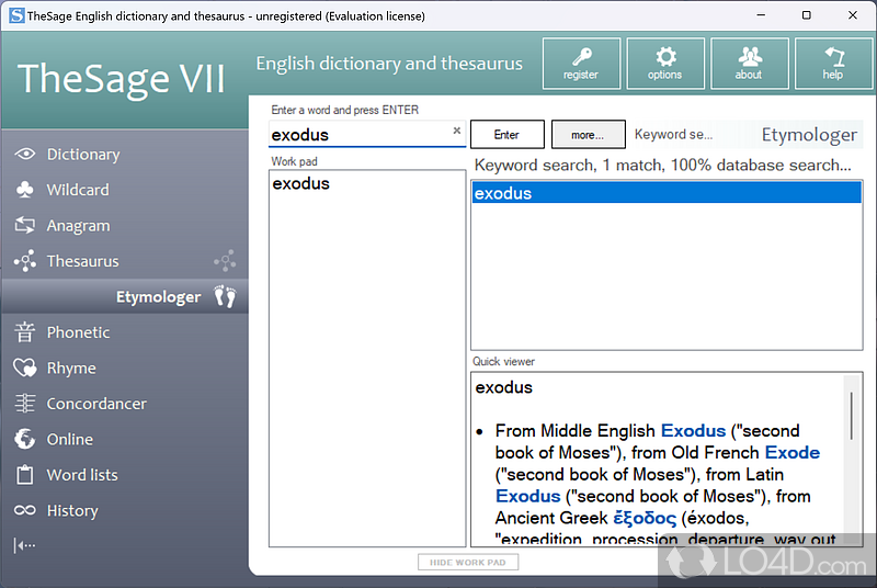 One-click complete dictionary and multifaceted thesaurus of the English language - Screenshot of TheSage