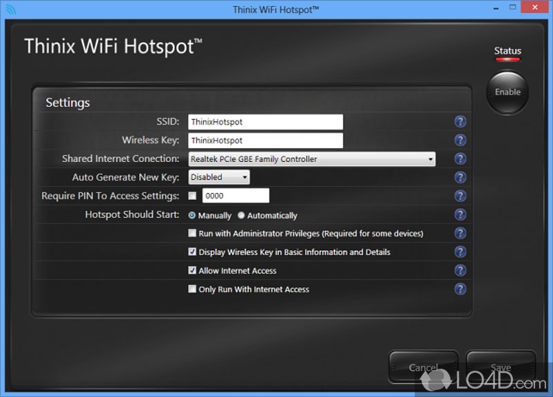 With a interface which use to transform computer into a WiFi hotspot that can easily be configured - Screenshot of Thinix WiFi Hotspot