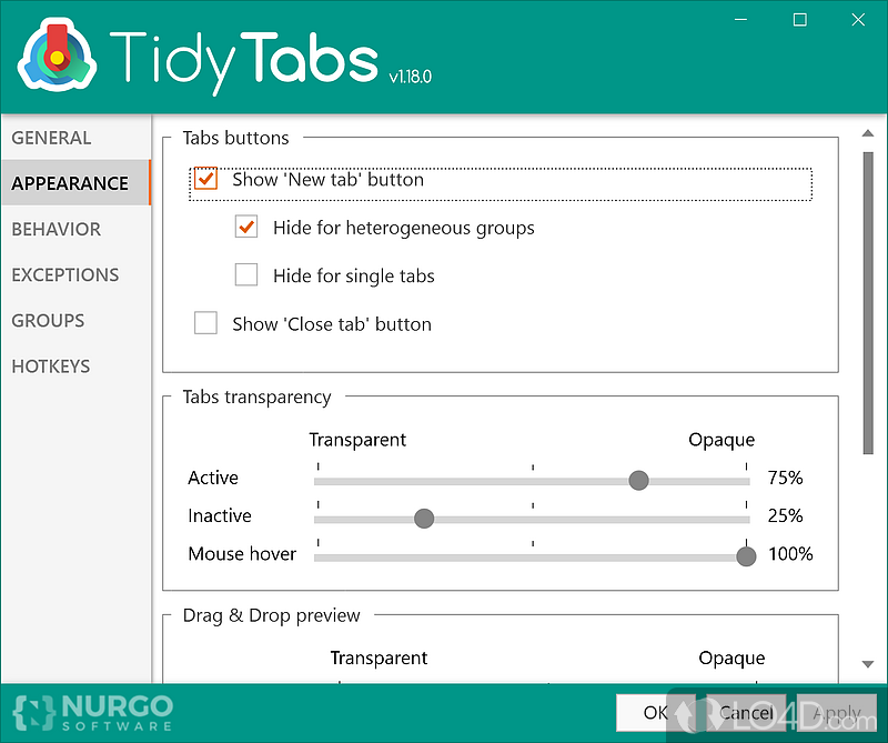 Permits you to customize its behavior - Screenshot of TidyTabs