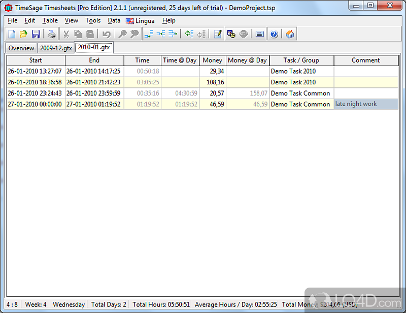 Keep track of the time spent on various tasks or calculate the hourly income for multiple users using a timesheet - Screenshot of TimeSage