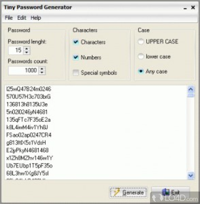 Generates certain number of random passwords - Screenshot of Tiny Password Generator