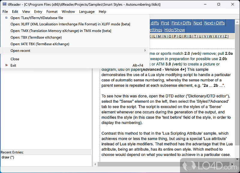 Language support, team collaboration, and iterating over your files - Screenshot of tlReader