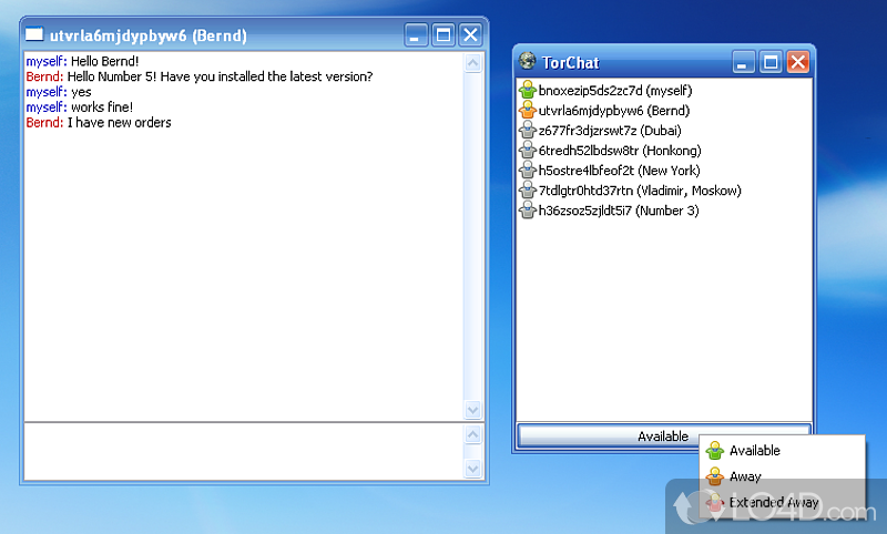 Practical and instant messenger that helps you to chat with friends and send files using an encrypted connection - Screenshot of TorChat
