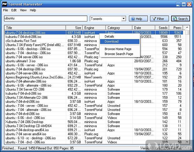 Which helps you search for torrent files, filter - Screenshot of Torrent Harvester
