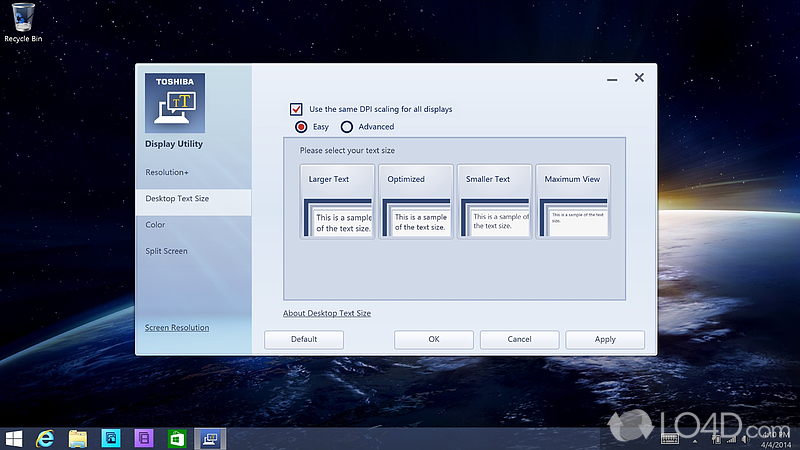 Change the text size, color, resolution and DPI scaling on Toshiba PCs - Screenshot of TOSHIBA Display Utility