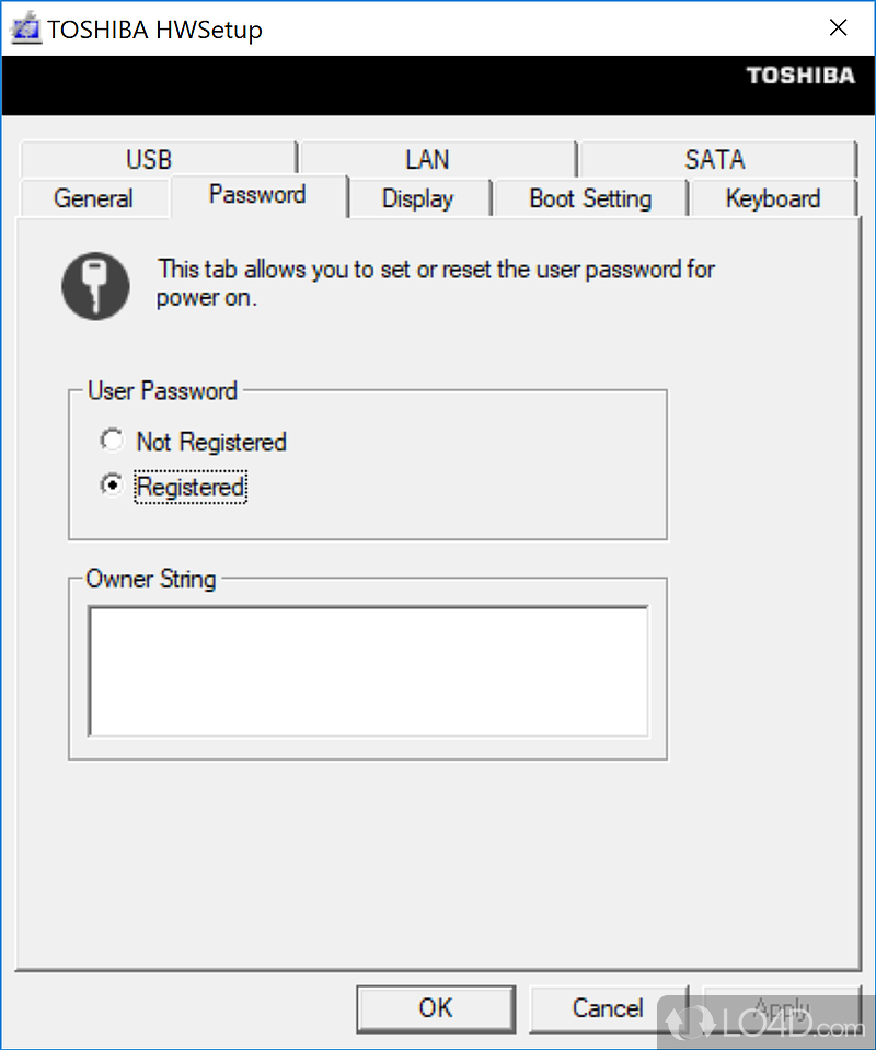 Configuration tool for hardware on a Toshiba laptop - Screenshot of Toshiba HW Setup Utility