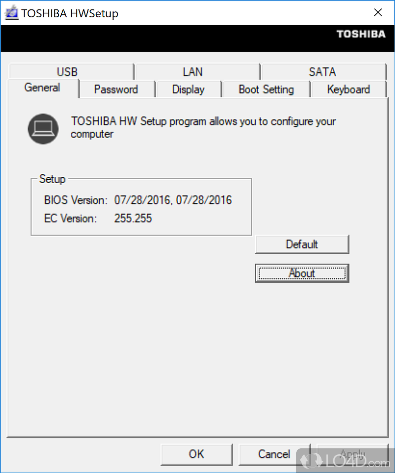 Accessible, piece of software that can quickly configure laptop display, LAN - Screenshot of Toshiba HW Setup Utility