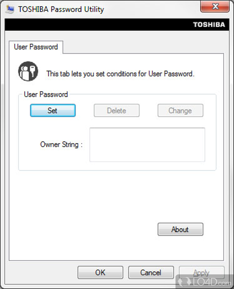 Adds an additional layer of security, by way of password, to PC - Screenshot of Toshiba Password Utility